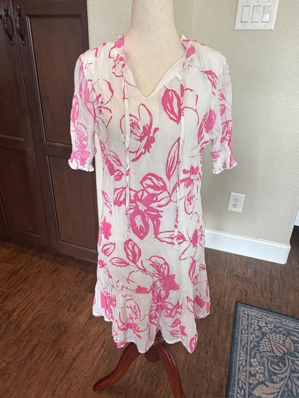 Anthropologie Kindred Ruffle Babydoll Pink and White Floral
Mini Dress L